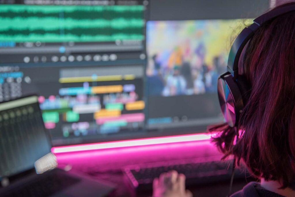 girl working in multimedia production, editing a video